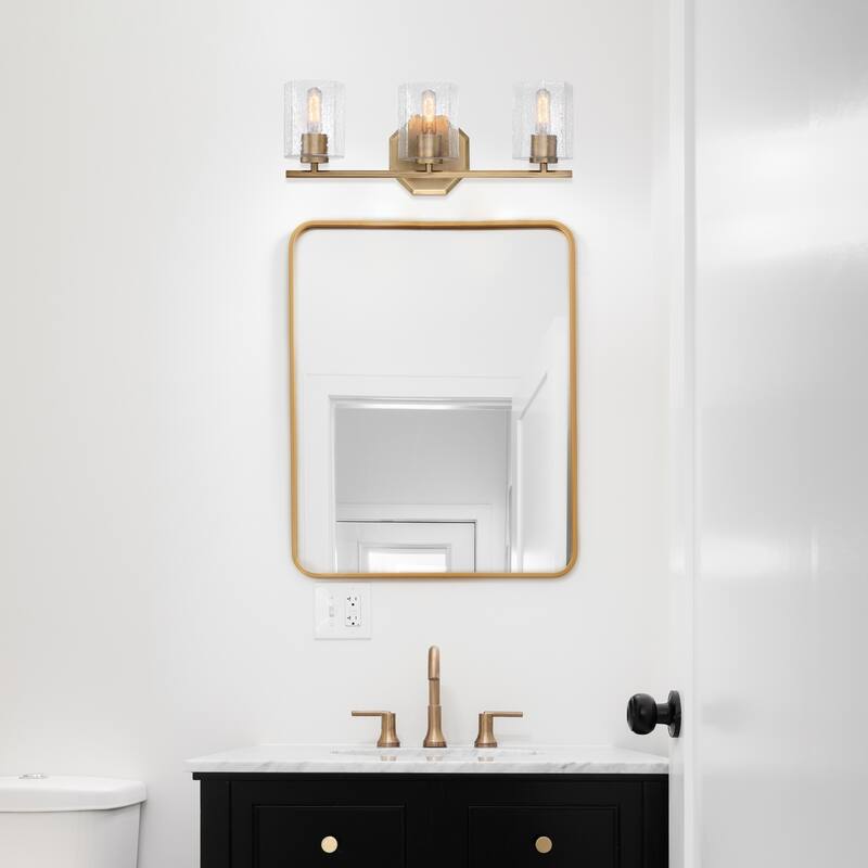 Haven 24 in. 3-Light Old Satin Brass Vanity Light with Clear Rippled Glass Shades for Bathrooms