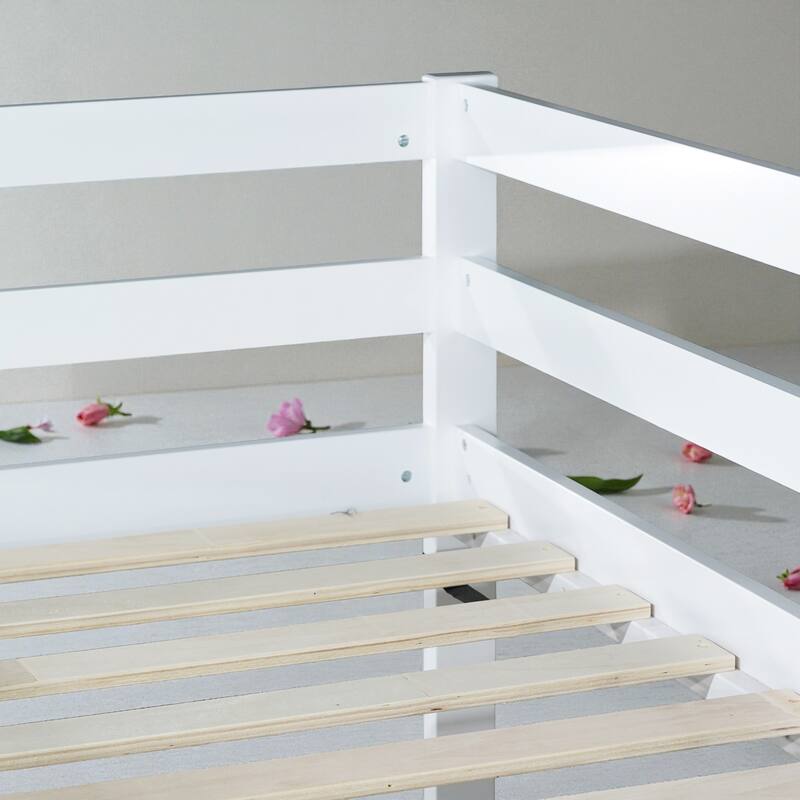 Solid Rubber Wood Twin Over Twin Floor Bunk Bed with Ladder, Low Height Design and Strengthened Slat Support