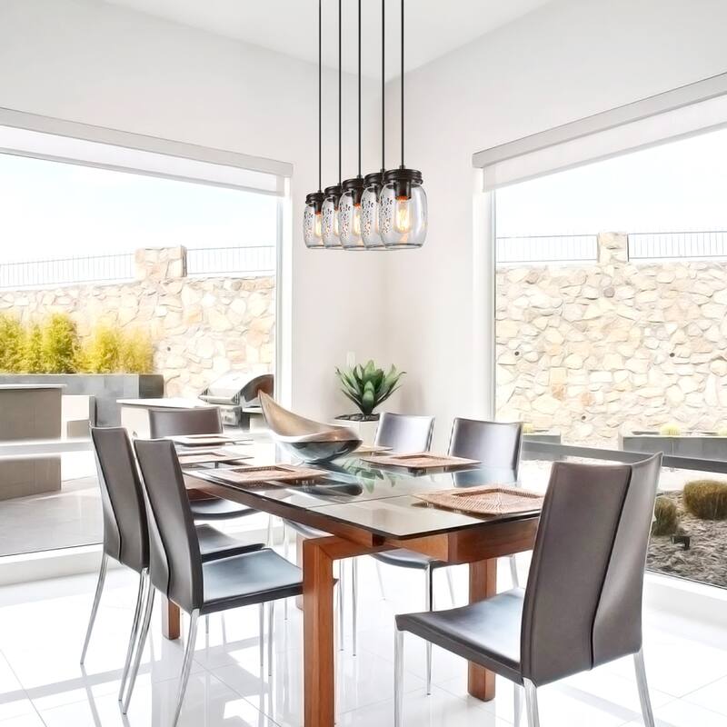 Farmhouse 5-Light Linear Glass Chandelier Wood Canopy Island Lights
