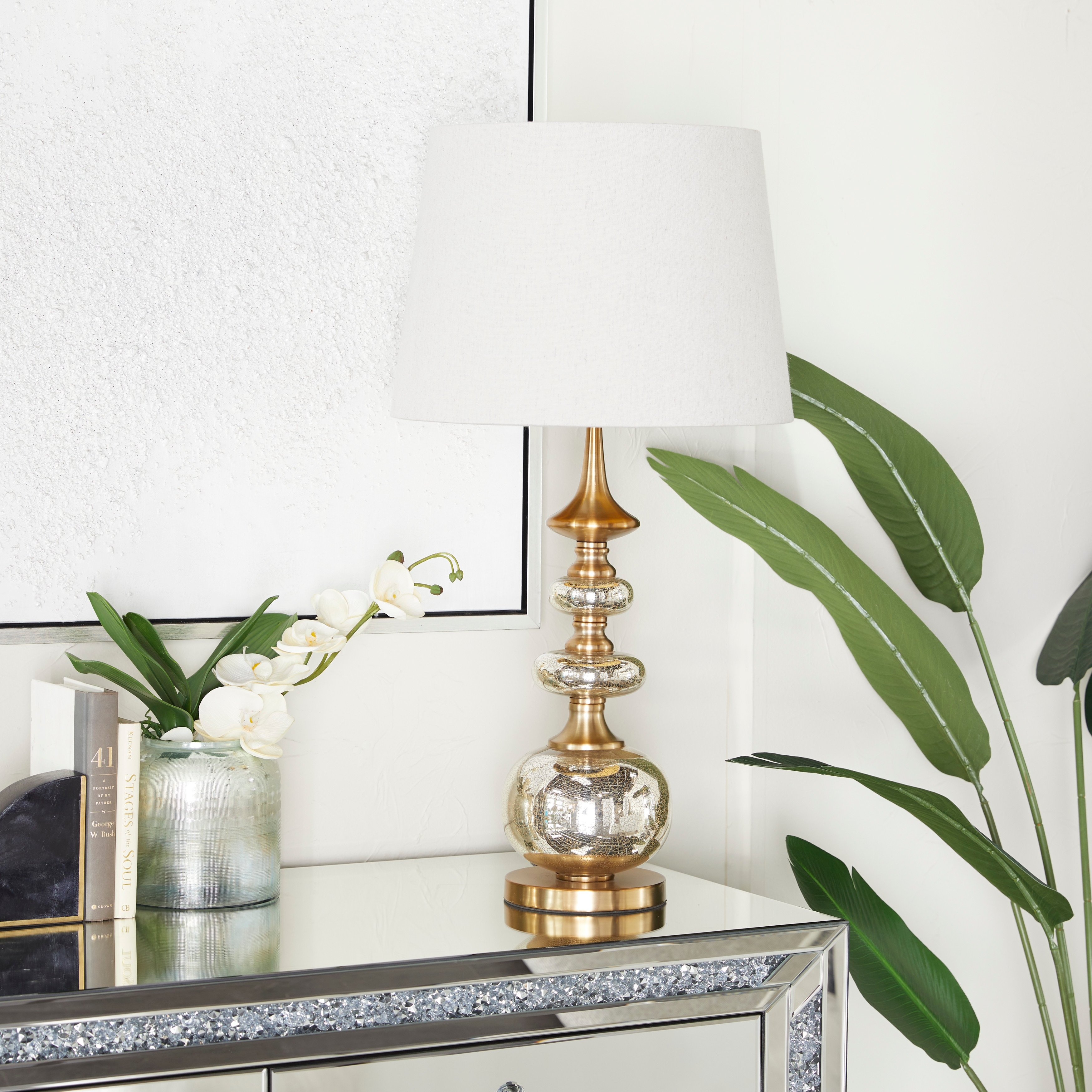 Studio 350 Silver Linen Buffet Lamp with Gold Accents 15 x 15 x 30 Round