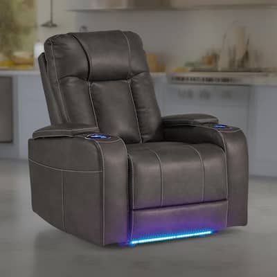 Callum Power Recliner Chair, Adjustable Headrest, Gray Faux Leather