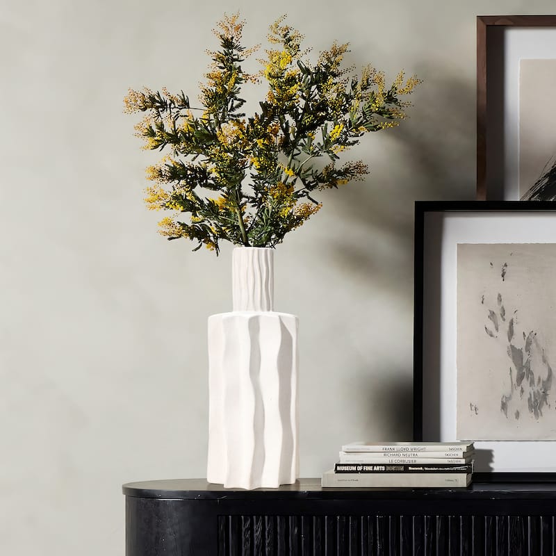 White Fluted Stoneware Table Vase (Single) - 15" H x 5.9" W x 5.9" D