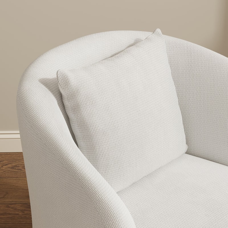 Upholstered White Woven Texture Club Swivel Chair with Dark Brown Base and Pillow