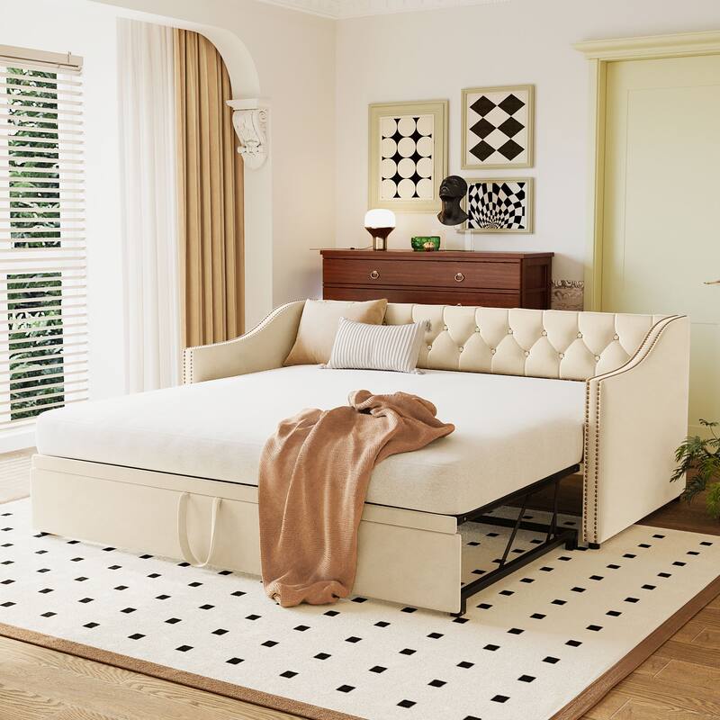 Beige Upholstered Daybed with Liftable Trundle, Twin to King Size