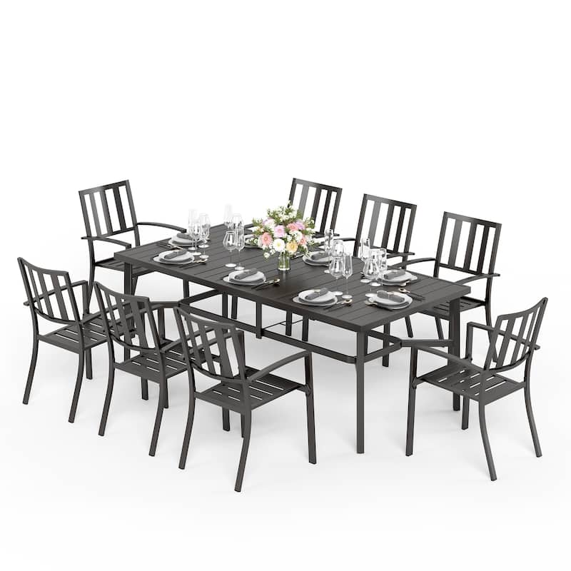 MAISON ARTS Patio Dining Set of 9 Pieces Patio Furniture Set Metal Rectangle Dining Table 8 Metal Stackable Chairs