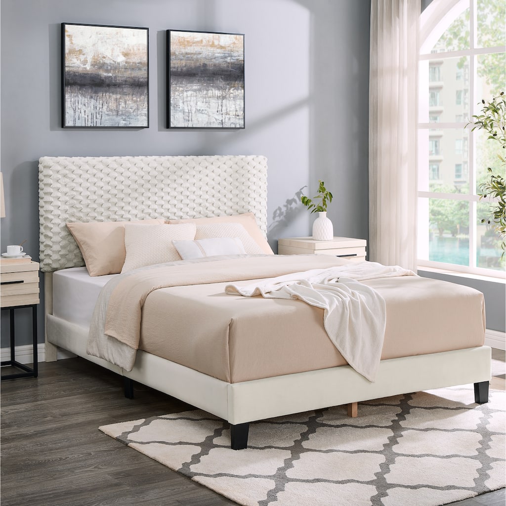 Plush 3D Upholstered Platform Bed with Adjustable Headboard in White Dove