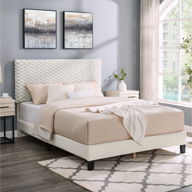 Plush 3D Upholstered Platform Bed with Adjustable Headboard in White Dove - Off White