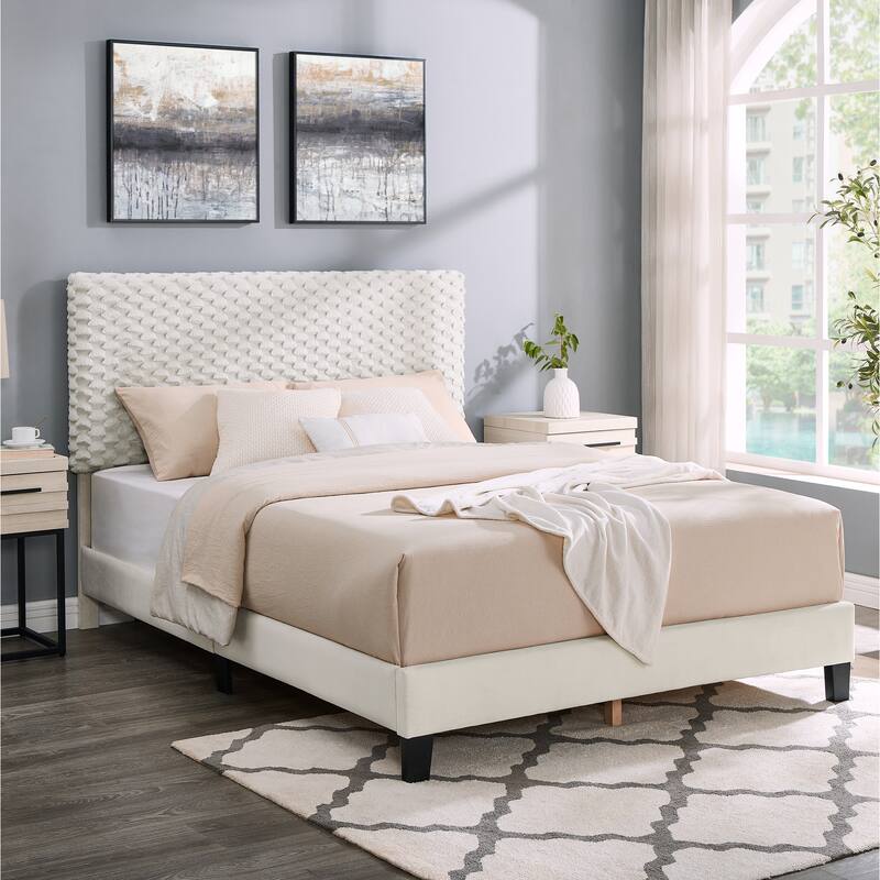 Twin Size Plush 3D Upholstered Platform Bed in White Dove with Adjustable Headboard and Sturdy Plywood Frame - Full White - Full