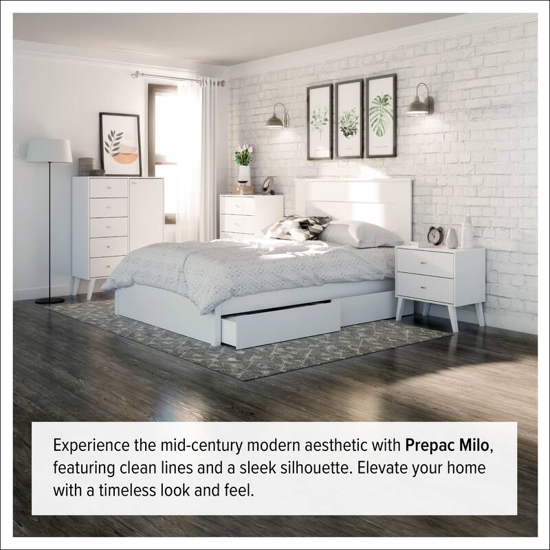 Prepac Milo Mid-Century Modern 2 Drawer Nightstand, Bedside Table, Contemporary Bedroom Furniture