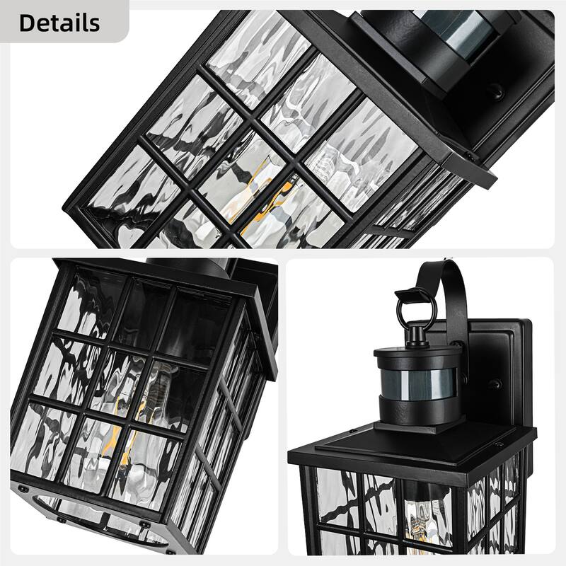 12 in. Matte Black 1-Light Motion Sensing Outdoor Wall Sconce with Dusk to Dawn and Water Wave Glass Shade