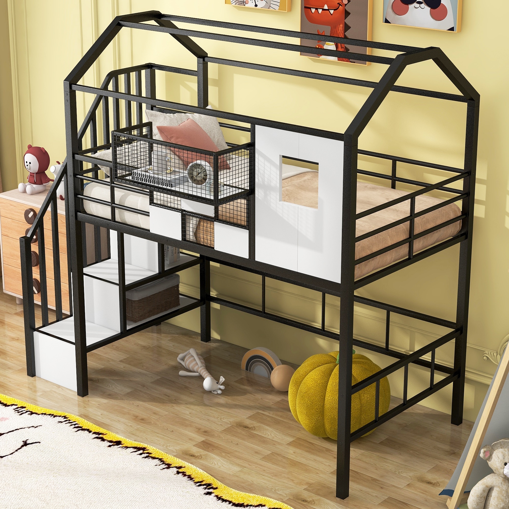 Nordic Twin Size Loft Bed with Roof Design and Storage Box Metal Creative Bed Frame for Kids, Teens, Boys or Girls