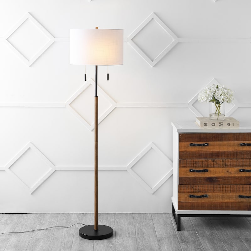 Koda 61" Rustic Farmhouse Iron Candlestick Pull Chains LED Floor Lamp, Brown Wood Finish/Black by JONATHAN Y