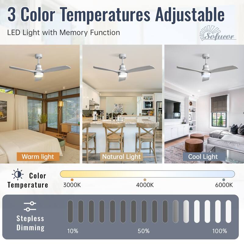 Sofucor 48/52 Inch Ceiling Fan with Light, Solid Wood Blades for Living Room, Bedroom,Smart Optional