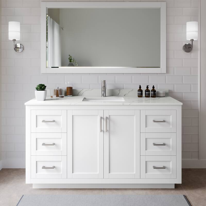 Wyndham Collection WCF292966S-QTZ-UNSM58 Miranda 66" Free Standing - White / Giotto Quartz Top / Brushed Nickel