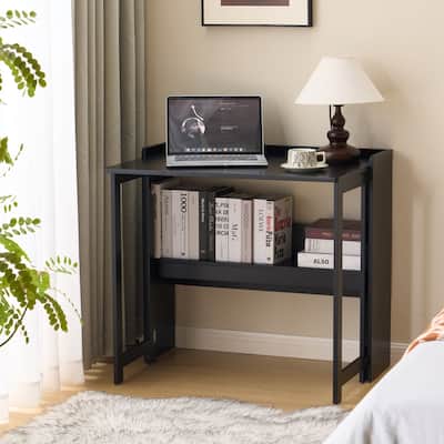 Folding Table with Storage Shelf,32.6 Inch Foldable Computer Desk for Small Spaces,Small Writing Desk for Bedroom