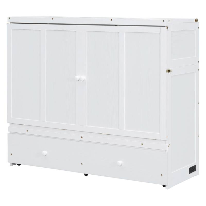 Queen Size Murphy Bed Cabinet with USB Charging Ports and Storage Drawer, Foldable Space-Saving Design with Pine Wood Frame