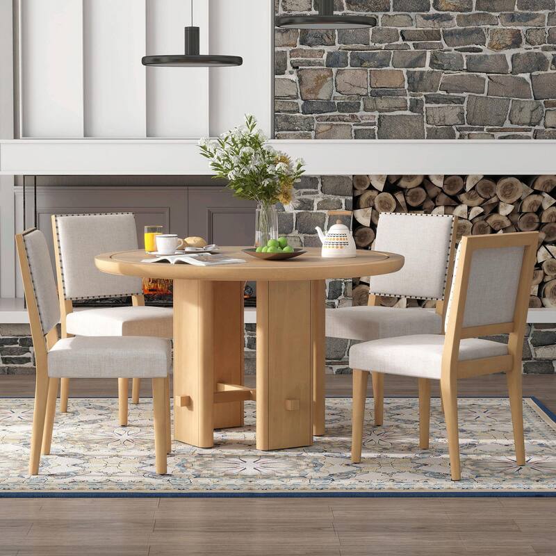 5-Piece Round Dining Table Set for 4 - Minimalist Farmhouse Design with 4 Solid Wood Upholstered Chairs - Natural+Beige