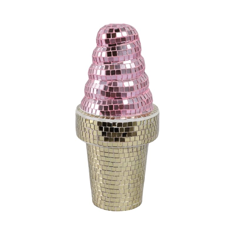 Glass Wood Figurine Mosaic Ice Cream Cone for Home Decor - 9" Pink - 4.25" x 4.25" x 9"
