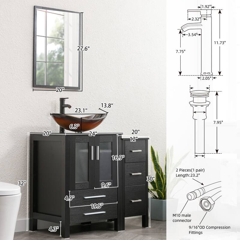 eclife 36" Bathroom Vanity Black Set with Side Cabinet Vessel Sink Faucet Combo