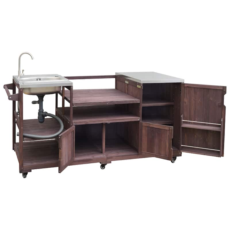 Kitchen Island with Sink, Grill Cart for Big Green Egg Grills, Rolling Bar Cart with Stainless Steel Top for Pizza Prep and BBQ