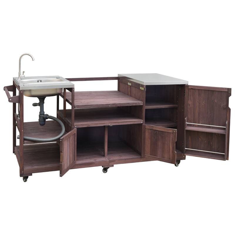 Roomfitters 75.4" Outdoor Kitchen Island with Sink, Fir Wood Grill Cart for XL Green Egg & Tabletop Grills