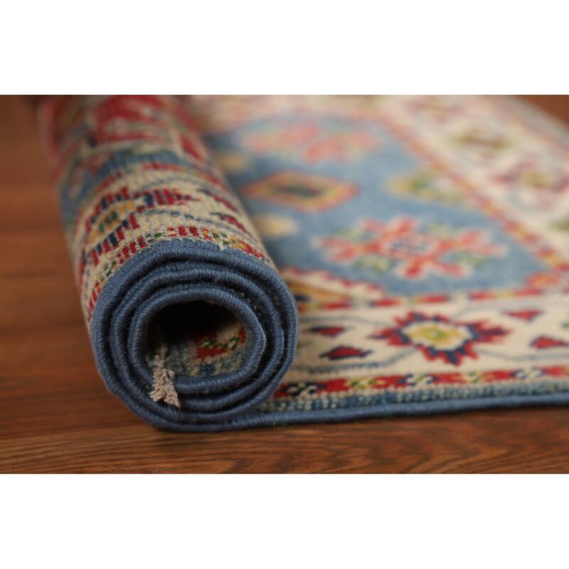 Geometric Blue Kazak Oriental Accent Foyer Rug Handmade Wool Carpet - 2'0"x 3'0" - 2'0"x 3'0" - Blue