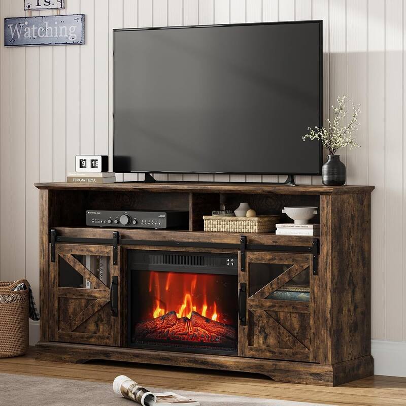 Farmhouse Electric Fireplace TV Stand Entertainment Center for Living Room, Brown