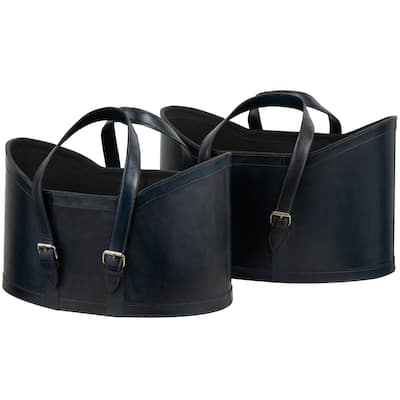 Leather Handmade Storage Basket with Handles - Set of 2 Dark Blue or Brown - Roche River Decor