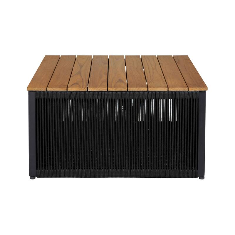 Miri 30 Inch Outdoor Coffee Table, Teak Wood Slatted Top, Black Rope
