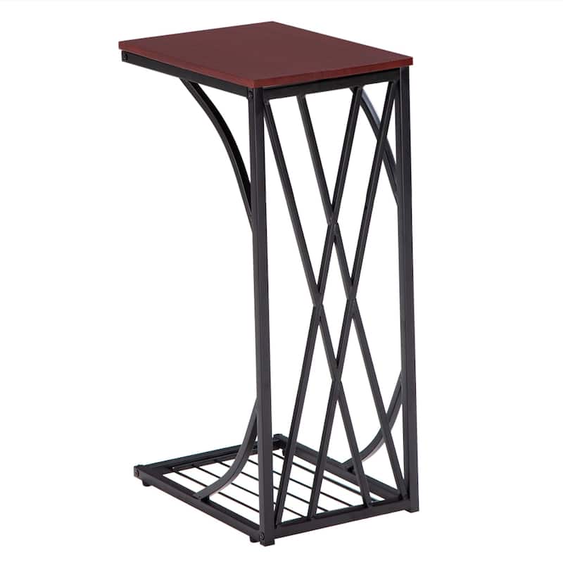 C-Shaped Snack Table Heavy-Duty Sofa Side Table for Living Room with Brown Wood Top
