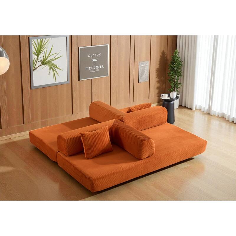 Convertible Corduroy Sleeper Sofa Bed, 4-in-1 Folding Mattress Couch with Cylindrical Pillow & Fixed-Shape Frame, No-Assembly