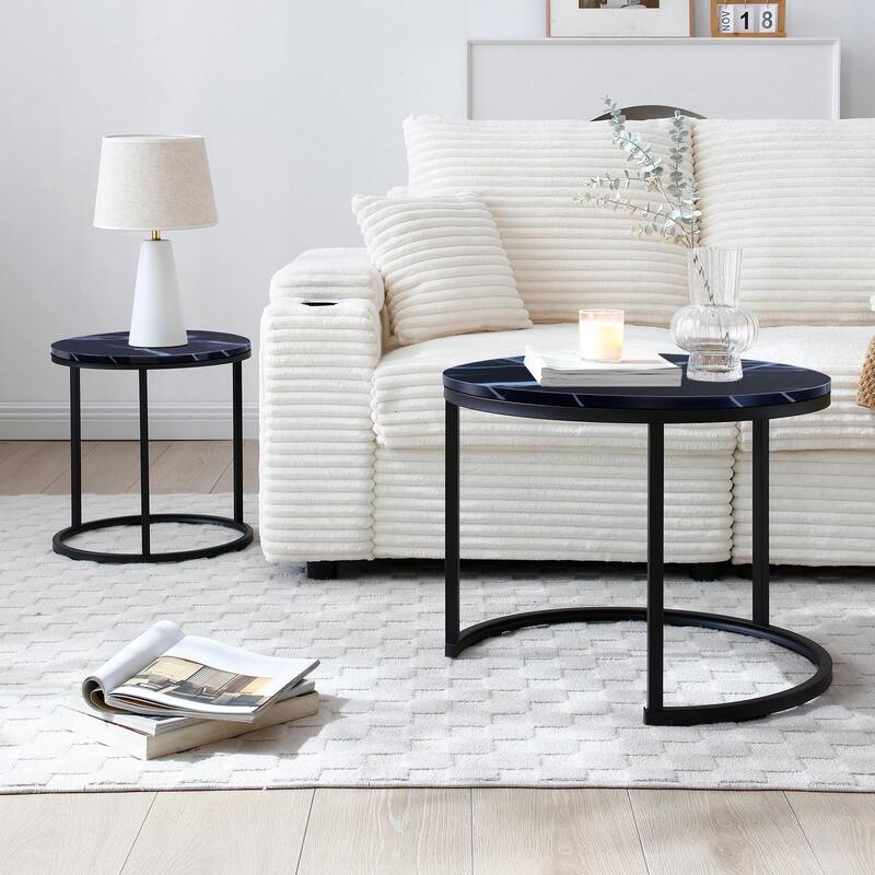 Modern Nesting Tables - Black Marble Round Set, Industrial Style
