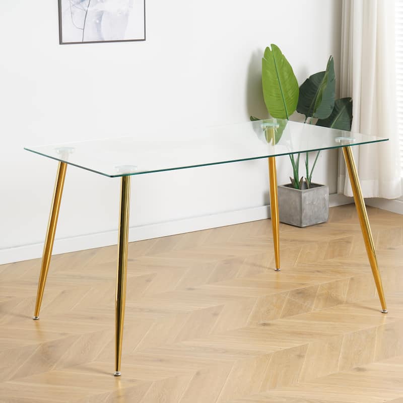 Modern Kitchen Glass Dining Table with Tempered Glass Table top,Metal Legs - Gold