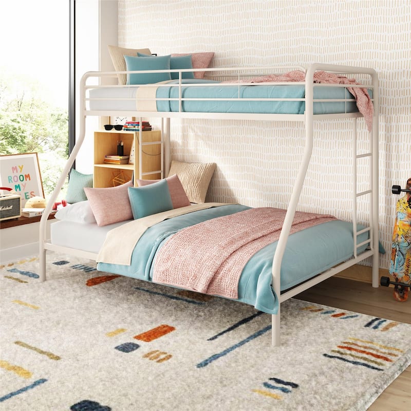 Space-Saving Twin over Full Metal Bunk Bed with Safety Rails and Storage Clearance - Off White