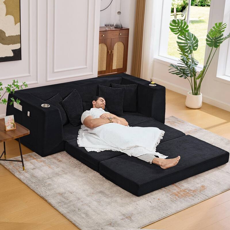 2 in 1 Convertible Sofa Bed, Sleeper Sofa with Storage Pockets, Pull Out Loveseat Couch with Two Cup Holders