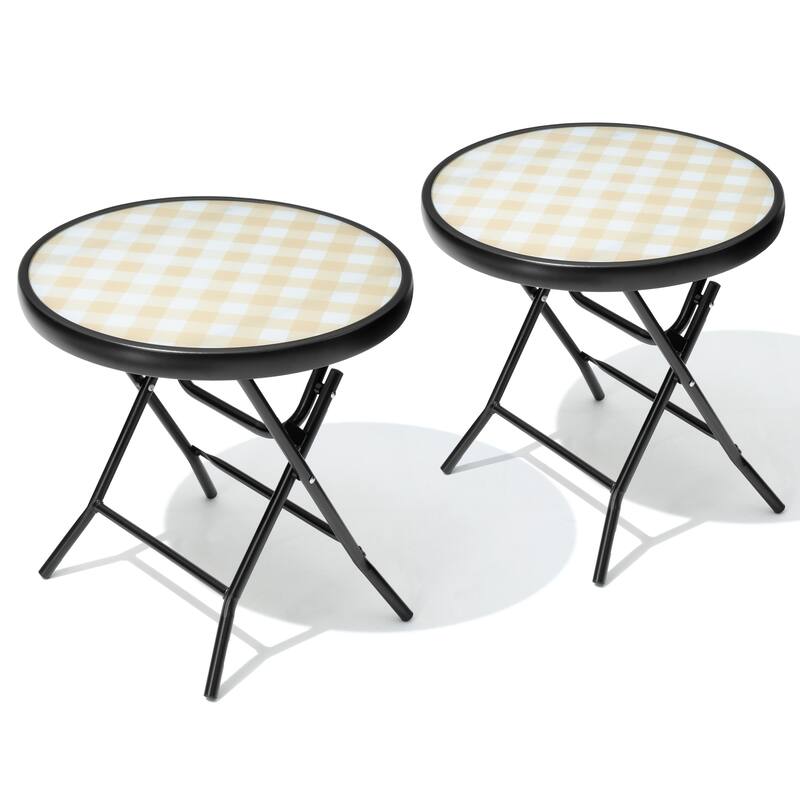 Outdoor Patio Folding Round Table Tempered Glass Top - Yellow&White - 2PC