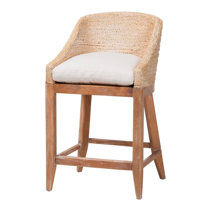 Jasper Seagrass Counter Stool with Mahogany Wood Frame - Coastal Seating with Woven Wingback and Cushioned Seat for Kitchen - White Wash