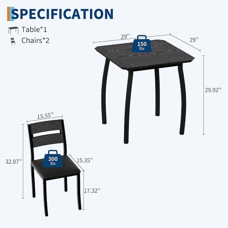 3 Piece Dining Table Set, with Metal Frame & Wood Tabletop