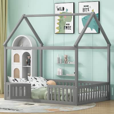 Full Pine House Bed with Fence and Door