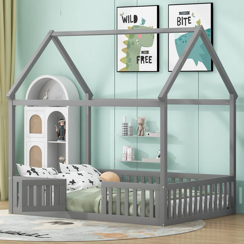 Roomfitters Full Size Wood House Bed with Fence Guardrails and Door, Distressed Gray - Gray - Full