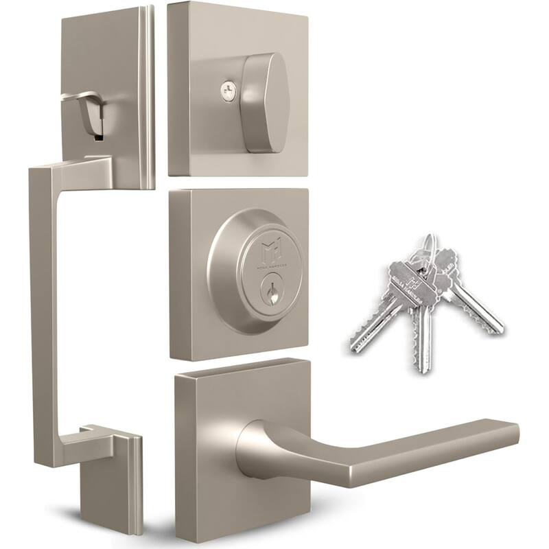 Mega Handles Tobelle Entrance Handleset with Interior Door Lever & Single Cylinder Deadbolt – Stainless Steel – Modern Design -  Entrance Lever and Single Cylinder Deadbolt Keyed Combo I Exterior and Interior|Satin Nickel - Straight