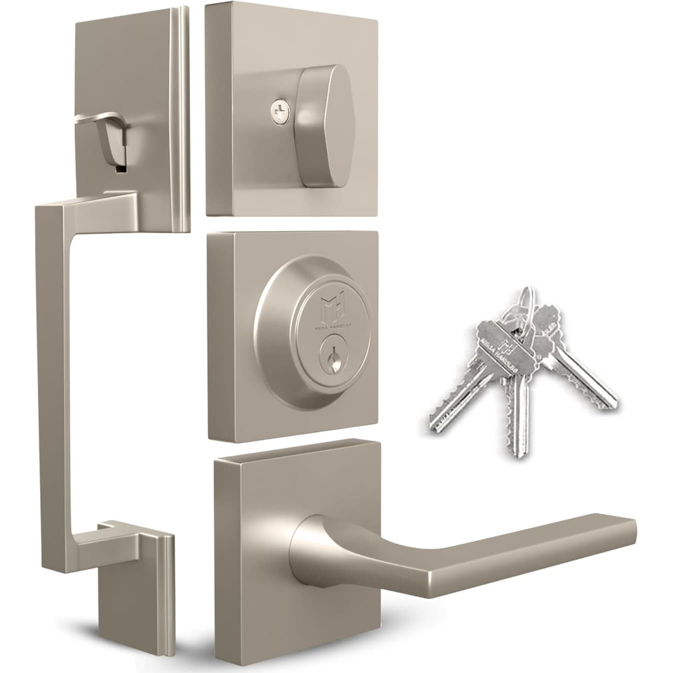 Mega Handles Tobelle Entrance Handleset with Interior Door Lever & Single Cylinder Deadbolt – Stainless Steel – Modern Design