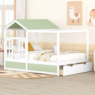Farmhouse Style Twin Size Bed with Drawer, Roof and Window Design - Solid Wood Slats - Perfect for Kids' Furniture