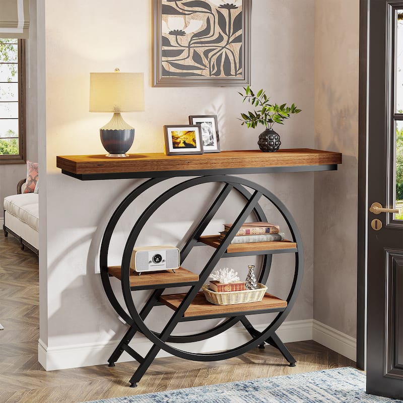39.4-Inch Console Table, 4- Tier Industrial Entryway Table - Light Brown
