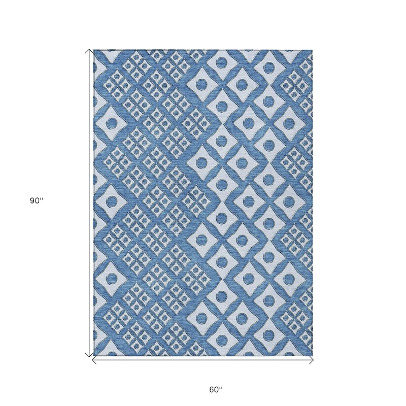 Denim Blue And Light Blue Geometric Washable Indoor Outdoor Area Rug - 5' X 8'