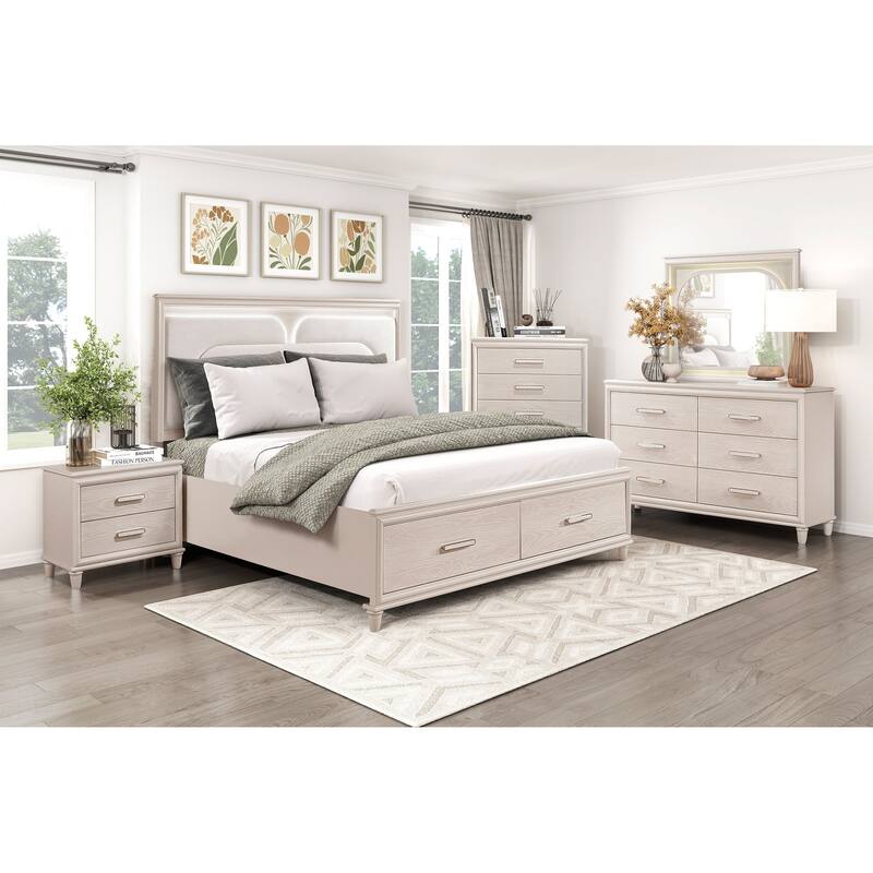 LED Bedroom Set Platform Storage Bed Nightstand Dresser Mirror Chest Wooden Furniture