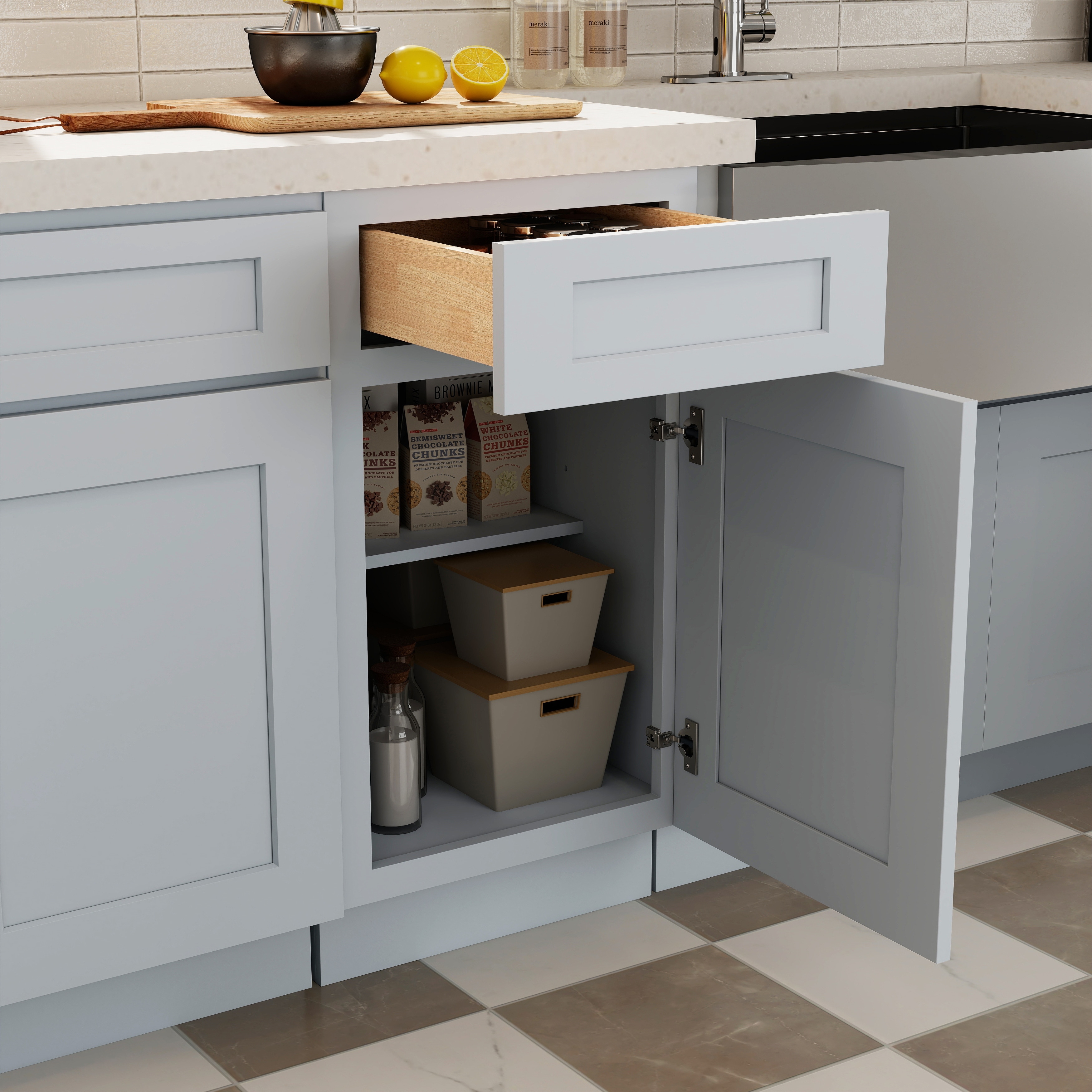 CASAINC RTA Kitchen Base Cabinet with Solid Wood Frame, 1 Door, 1 Drawer, Adjustable Shelf and Soft-Close Hardware