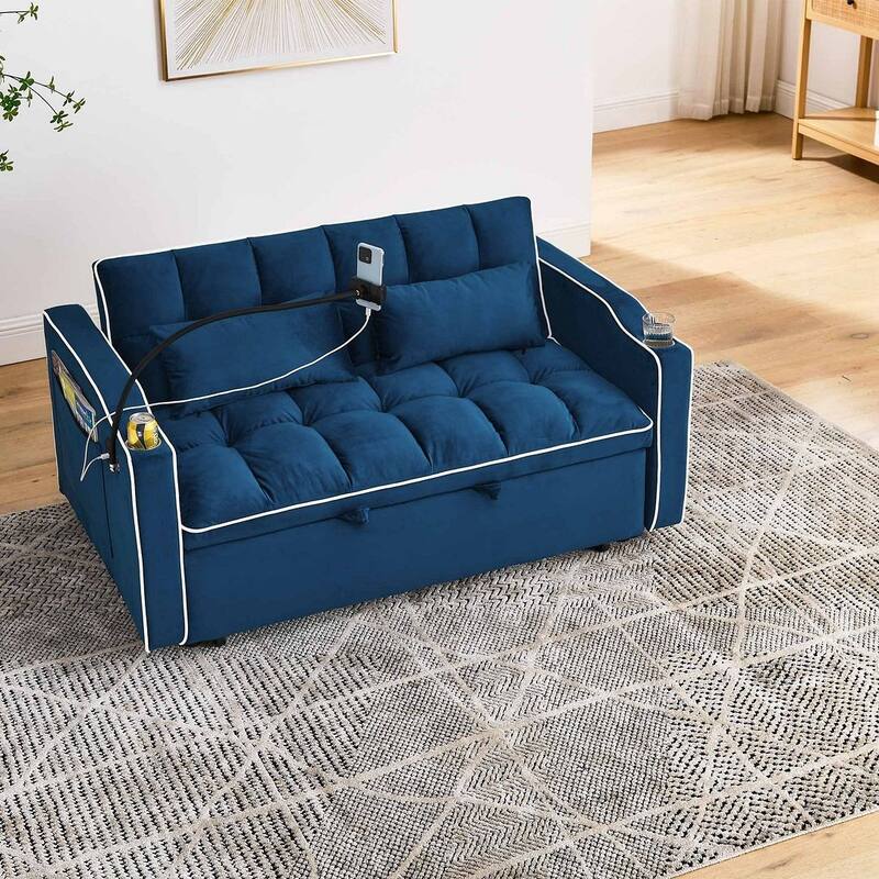 55.51'' Modern Versatile Foldable Sofa Bed With Adjustable Back and USB Port and Ashtray and Swivel Phone Stand