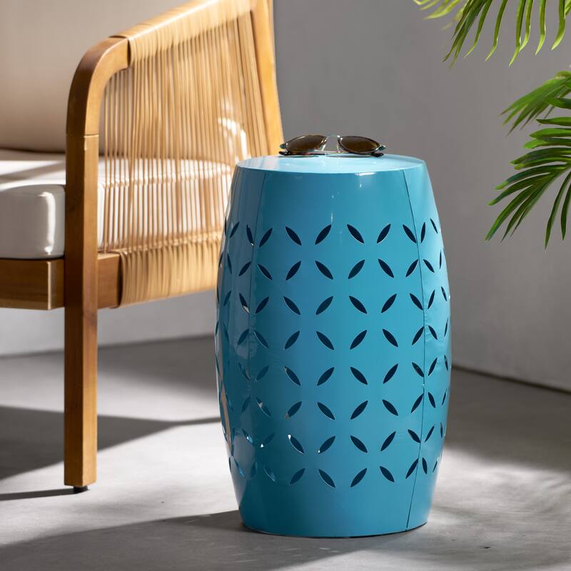 12.25" Modern Round Side Table with Barrel Structure and Iron-cut Design for Living Room or Bedroom - Blue
