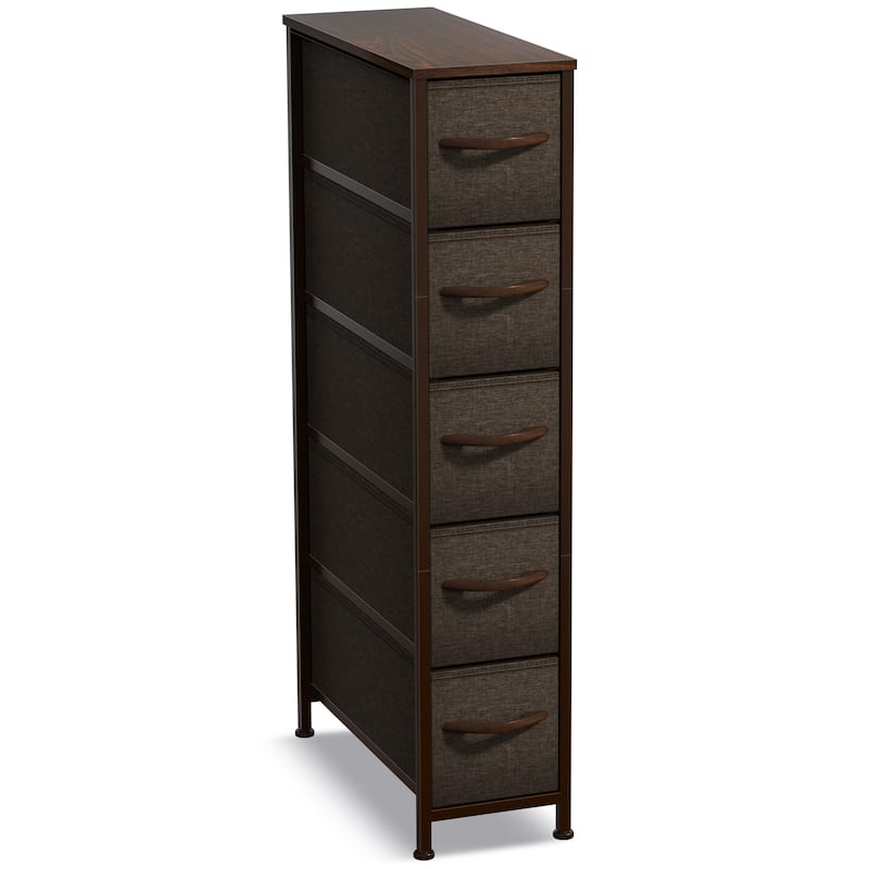 Sorbus Narrow Dresser with 5 Drawers - Vertical Slim Storage Chest of Drawers with Steel Frame, Wood Top & Easy Pull Fabric Bins - Brown